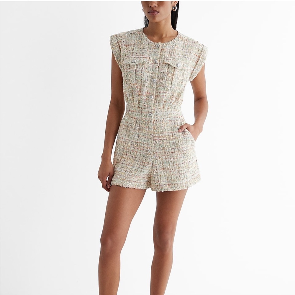 Express tweed sequin button front utility romper